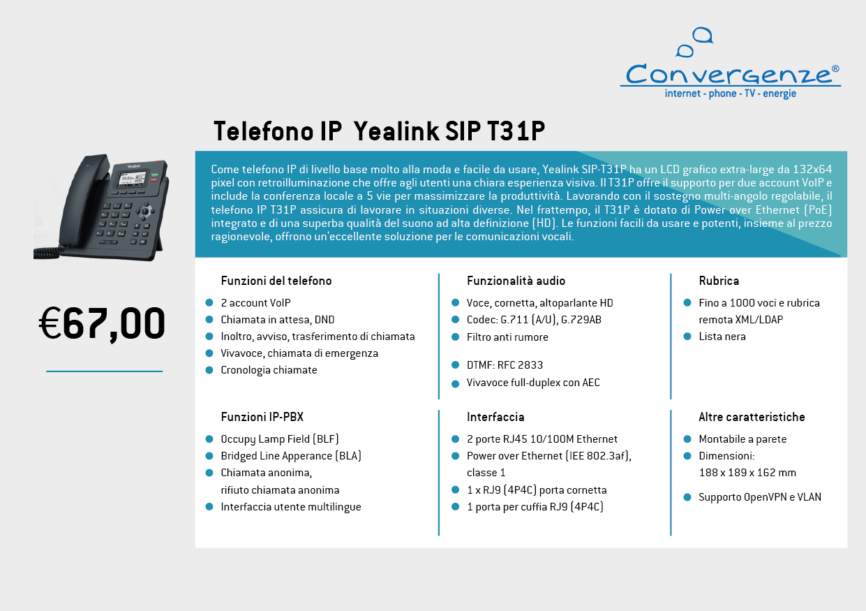 Scheda telefono tecnica VoIP Yealink T31P