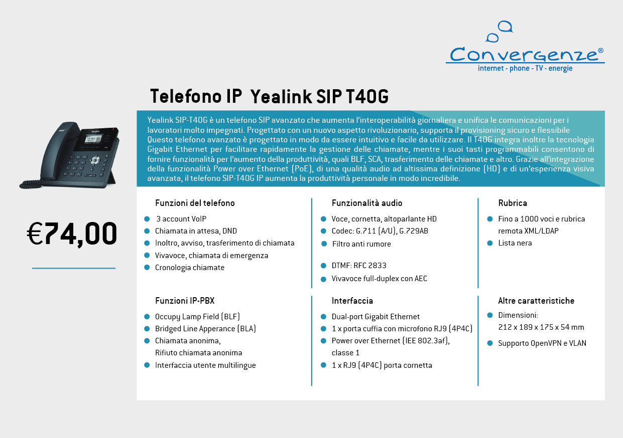 Scheda telefono tecnica VoIP Yealink T40G